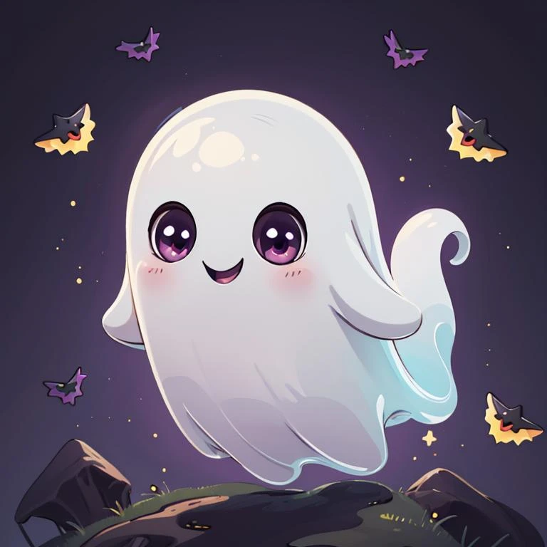 ((masterpiece,best quality)), absurdres,
<lora:Cute_Ghost_Anime:1>, Cute_Ghost, no humans, solo, ghost, floating, halloween, pokemon (creature), cute,
solo, smiling, looking at viewer,
purple theme, graveyard in background,