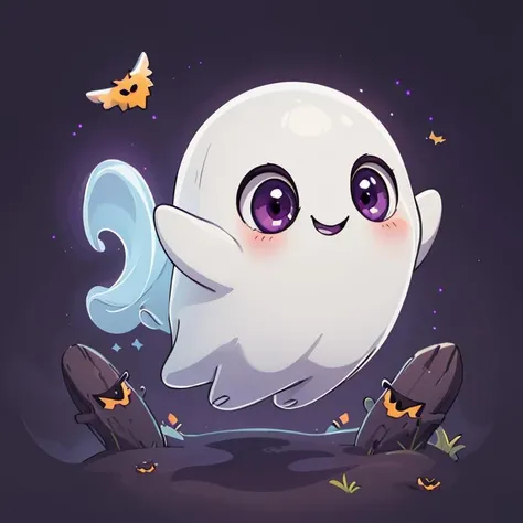 ((masterpiece,best quality)), absurdres,
<lora:Cute_Ghost_Anime:1>, Cute_Ghost, no humans, solo, ghost, floating, halloween, pokemon (creature), cute,
solo, smiling, looking at viewer,
purple theme, graveyard in background,