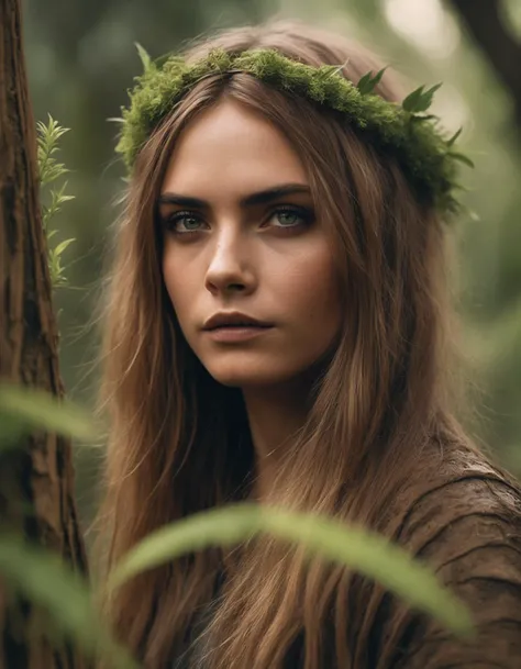 cinematic photo A closeup portait of (((ohwx woman))) an ancient druid made of bark, she live hidden in the vegetation of a forgotten forest, highly detailed painting, by Artgerm and Raphael Lacoste <lora:delevingne_lora_sdxl_v1-000008:1> . 35mm photograph, film, bokeh, professional, 4k, highly detailed