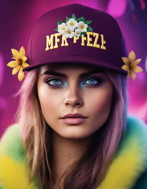cinematic photo cartoon version of of (((ohwx woman))) , cartoon character artstation digital painting portrait design by mark brooks and brad kunkle detailed face highly stylized realistic cinematic lighting dramatic shadows fine detail 4k 8K sharp focus high resolution octane render photorealism trending on ArtStation GTA cover page with textured flowers in background beautiful colors blue black red pink green purple violet teal g white yellow color scheme bright vivid contrast fantasy style beepley artwork <lora:delevingne_lora_sdxl_v1-000008:1> . 35mm photograph, film, bokeh, professional, 4k, highly detailed