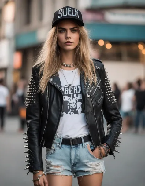 cinematic photo (full height:1.3), a beautiful (((ohwx woman))) A black and silver studded leather jacket, paired with ripped denim shorts, black ankle boots, and a black bralette with silver chains.,A punk-inspired liberty spikes mohawk, with each spike dyed a different neon shade, standing tall and defiant. , post-processing, max detail, massive scale, detailed, by Alphonse Mucha, (Mandy Jurgens), Greg Rutkowski <lora:delevingne_lora_sdxl_v1-000008:1> . 35mm photograph, film, bokeh, professional, 4k, highly detailed