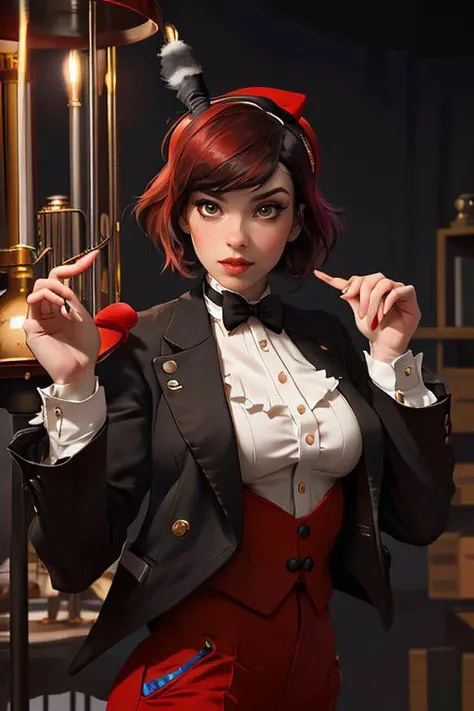 DEN_fate_steamgirl,
(performing in a (circus:1.2) wearing a red and black (blazer:1.1) and white (shirt:1.1) and cream (trousers:1.1) and black bow tie and (top hat:1.1), ring leader, circus:1.2),
bokeh, f1.4, 40mm, photorealistic, raw, 8k, textured skin, skin pores, intricate details <lora:epi_noiseoffset2:1>, epiCRealism