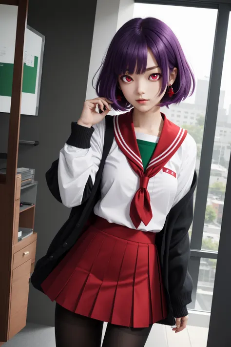 1girl, tama, hair between eyes, purple hair, short hair, (red eyes:1.5), hair ornament, school uniform, serafuku, sailor collar, green sailor collar, cardigan, black cardigan, long sleeves, skirt, green skirt, pleated skirt, pantyhose, black pantyhose,, masterpiece,best quality,extremely detailed,fine details,official art,unity 8k wallpaper,4K,8K,UHD, (upper body:1.5)