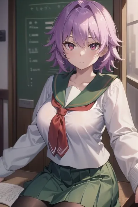 kantaitama, tama, cat ears, cat tail, hair between eyes, purple hair, short hair, (red eyes:1.5), huge breasts, enormous breasts,
BREAK , serafuku, sailor collar, green sailor collar, cardigan, black cardigan, long sleeves, skirt, green skirt, pleated skirt, pantyhose, black pantyhose,
BREAK looking at viewer, (blush:1.5), on bed,
BREAK indoors, bedroom,
BREAK (masterpiece:1.2), best quality, high resolution, unity 8k wallpaper, (illustration:0.8), (beautiful detailed eyes:1.6), extremely detailed face, perfect lighting, extremely detailed CG, (perfect hands, perfect anatomy),