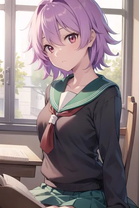 kantaitama, <lora:tama-lora-nochekaiser:1>,
tama, hair between eyes, purple hair, short hair, (red eyes:1.5),
BREAK school uniform, serafuku, sailor collar, green sailor collar, cardigan, black cardigan, long sleeves, skirt, green skirt, pleated skirt, pantyhose, black pantyhose,
BREAK looking at viewer, full body,
BREAK indoors, classroom,
BREAK <lyco:GoodHands-beta2:1>, (masterpiece:1.2), best quality, high resolution, unity 8k wallpaper, (illustration:0.8), (beautiful detailed eyes:1.6), extremely detailed face, perfect lighting, extremely detailed CG, (perfect hands, perfect anatomy),