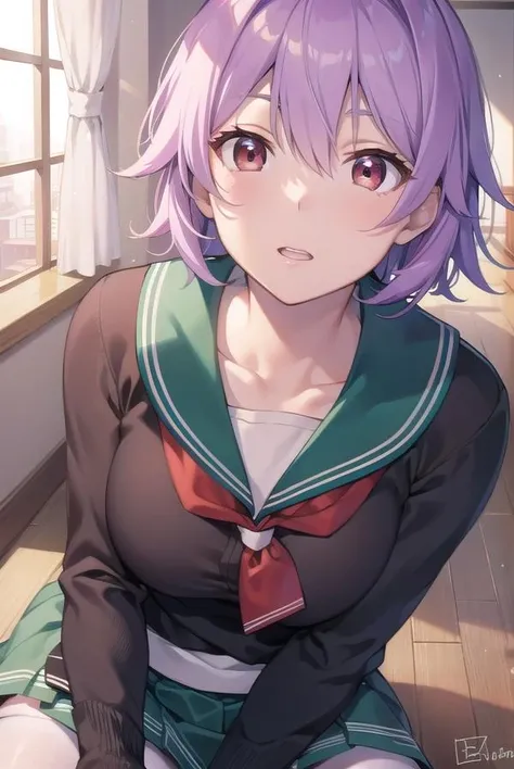 kantaitama, tama, cat ears, cat tail, hair between eyes, purple hair, short hair, (red eyes:1.5), huge breasts, enormous breasts, 
BREAK , serafuku, sailor collar, green sailor collar, cardigan, black cardigan, long sleeves, skirt, green skirt, pleated skirt, pantyhose, black pantyhose,
BREAK looking at viewer, (blush:1.5), sweat, on bed, 
BREAK indoors, bedroom, dakimakura, 
BREAK (masterpiece:1.2), best quality, high resolution, unity 8k wallpaper, (illustration:0.8), (beautiful detailed eyes:1.6), extremely detailed face, perfect lighting, extremely detailed CG, (perfect hands, perfect anatomy),