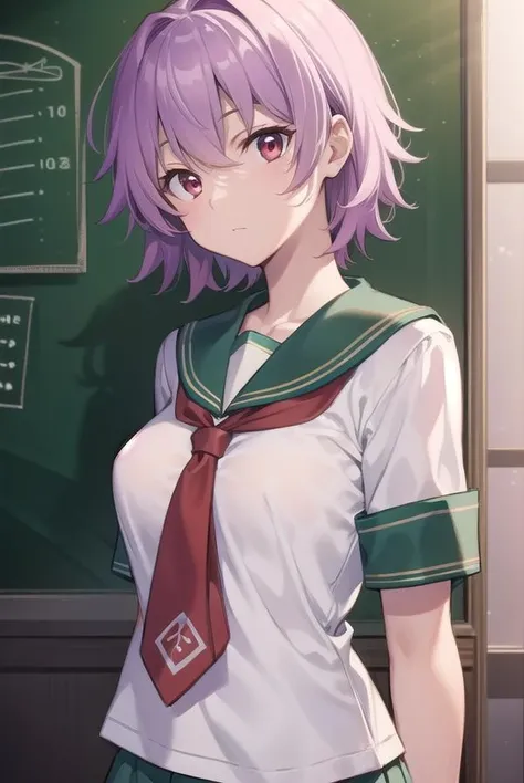 kantaitama, <lora:tama-lora-nochekaiser:1>,
tama, hair between eyes, purple hair, short hair, (red eyes:1.5),
BREAK school uniform, serafuku, sailor collar, green sailor collar, shirt, white shirt, short sleeves, necktie, red necktie, shorts, white shorts,
BREAK looking at viewer, full body,
BREAK indoors, classroom,
BREAK <lyco:GoodHands-beta2:1>, (masterpiece:1.2), best quality, high resolution, unity 8k wallpaper, (illustration:0.8), (beautiful detailed eyes:1.6), extremely detailed face, perfect lighting, extremely detailed CG, (perfect hands, perfect anatomy),