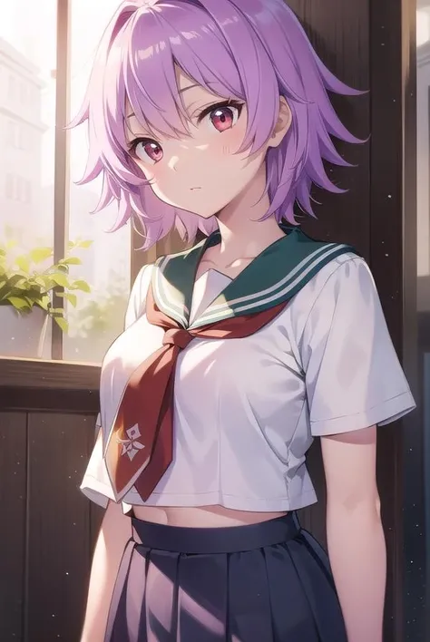 kantaitama, <lora:tama-lora-nochekaiser:1>,
tama, hair between eyes, purple hair, short hair, (red eyes:1.5),
BREAK school uniform, serafuku, sailor collar, green sailor collar, shirt, white shirt, short sleeves, necktie, red necktie, shorts, white shorts,
BREAK looking at viewer, full body,
BREAK indoors, classroom,
BREAK <lyco:GoodHands-beta2:1>, (masterpiece:1.2), best quality, high resolution, unity 8k wallpaper, (illustration:0.8), (beautiful detailed eyes:1.6), extremely detailed face, perfect lighting, extremely detailed CG, (perfect hands, perfect anatomy),