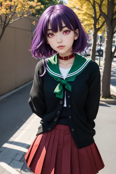 1girl, tama, hair between eyes, purple hair, short hair, (red eyes:1.5), hair ornament, school uniform, serafuku, sailor collar, green sailor collar, cardigan, black cardigan, long sleeves, skirt, green skirt, pleated skirt, pantyhose, black pantyhose,, masterpiece,best quality,extremely detailed,fine details,official art,unity 8k wallpaper,4K,8K,UHD, (upper body:1.5)