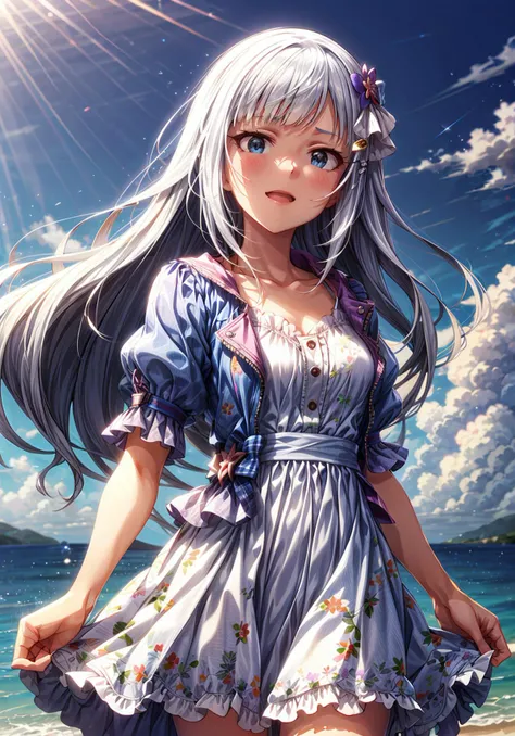 tsumugi shiraishi (million live), long hair, low-tied long hair, (best quality, 8K, masterpiece, ultra detailed:1.2),hair ribbon, day, dappled sunlight, seaside, cowboy shot, standing,cinametic angle,wind, light smile, cute, sexy, innocent, hairclip, collarbone, short sleeves, blue jacket, white dress, puffy sleeves, open clothes, floral print, <lora:add_detail:1>