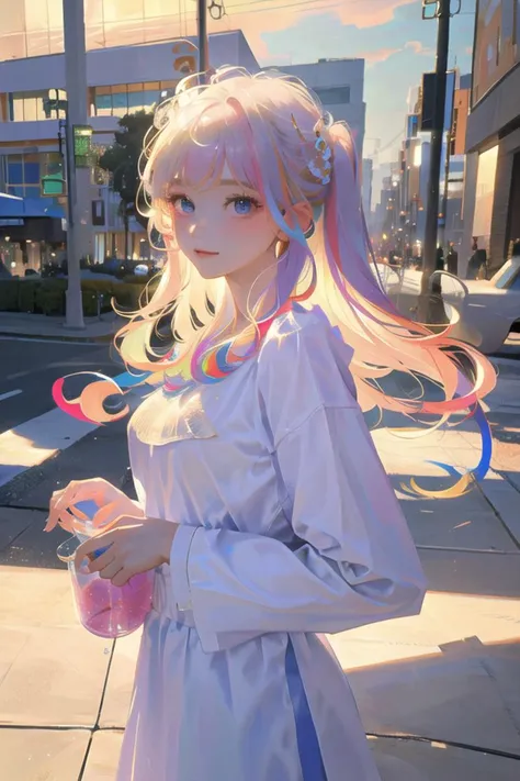 (masterpiece:1.1), (best quality:1.1), highly detailed, {highres}, {an extremely delicate and beautiful},(ultra detailed),(disheveled hair),(illustration),(dynamic angle), (1girl), (Fashionable clothing), standing,Fashion model,looking at viewer, (interview), (simple background),,beautifuldetailedeyes,delicate beautiful face,Floating,(high saturation),(colorful splashes),colorful bubble,(shining),(beautifuldetailed Light and shadow) ,<lora:fashionGirl_v36:0.6>, <lora:japaneseDollLikeness_v10:0.7>