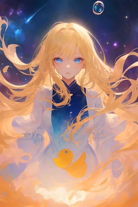 (masterpiece), (best quality), 1girl, (ultra detailed),(disheveled hair),(illustration), standing,looking at viewer, (interview), (space background),beautiful detailed eyes,delicate beautiful face,Floating,(high saturation),(colorful splashes),colorful bubble,(shining),focus on face, space,