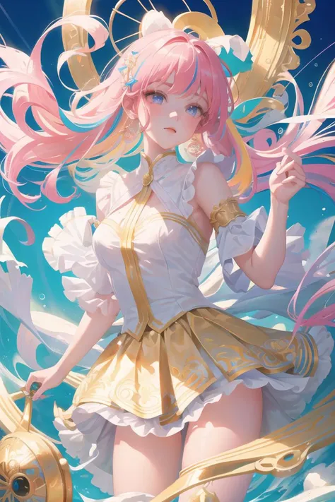 (masterpiece:1.1), (best quality:1.1), highly detailed, {highres}, {an extremely delicate and beautiful},(ultra detailed),(disheveled hair),(illustration),(dynamic angle), (1girl), (Fashionable clothing), standing,Fashion model,looking at viewer, (interview), (simple background),beautifuldetailedeyes,delicate beautiful face,Floating,(high saturation),(colorful splashes),colorful bubble,(shining),(beautifuldetailed Light and shadow) , <lora:fashionGirl_v36:0.6>