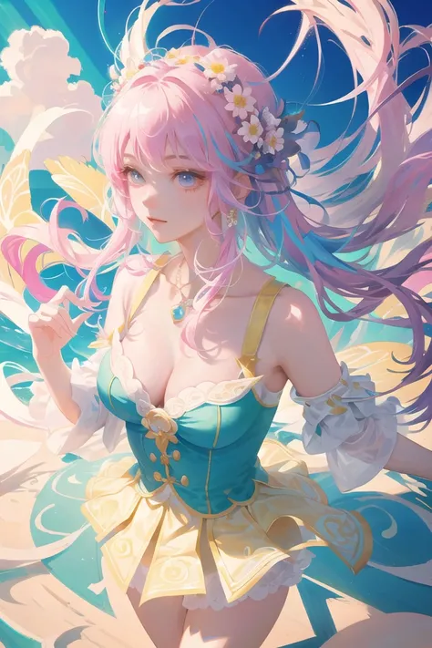 (masterpiece:1.1), (best quality:1.1), highly detailed, {highres}, {an extremely delicate and beautiful},(ultra detailed),(disheveled hair),(illustration),(dynamic angle), (1girl), (Fashionable clothing), standing,Fashion model,looking at viewer, (interview), (simple background),beautifuldetailedeyes,delicate beautiful face,Floating,(high saturation),(colorful splashes),colorful bubble,(shining),(beautifuldetailed Light and shadow) , <lora:fashionGirl_v36:0.6>
