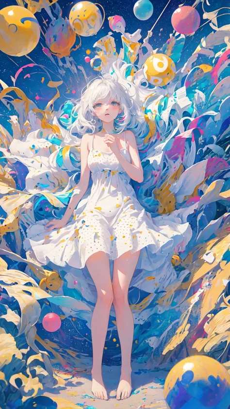 (masterpiece, best quality:1.2), (ultra detailed),(illustration), wallpaper, original,
1girl, messy white hair, spaghetti strap, white dress, bare legs, bare feet, bare arms, space, Earth background, near-earth orbit, full body,
,(surrounded by colorful splashes and dot),colorful bubble,(shining)