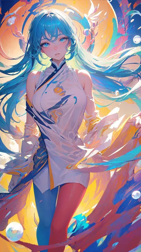 (masterpiece), (best quality), (ultra detailed),(disheveled hair),(illustration), (1girl), (Fashionable clothing), standing,Fashion model,looking at viewer, (interview), (simple background),beautifuldetailedeyes,delicate beautiful face,Floating,(high saturation),(colorful splashes),colorful bubble,(shining),focus on face,