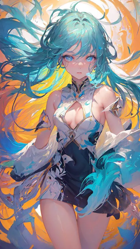 (masterpiece), (best quality), (ultra detailed),(disheveled hair),(illustration), (1girl), (Fashionable clothing), standing,Fashion model,looking at viewer, (interview), (simple background),beautifuldetailedeyes,delicate beautiful face,Floating,(high saturation),(colorful splashes),colorful bubble,(shining),focus on face,