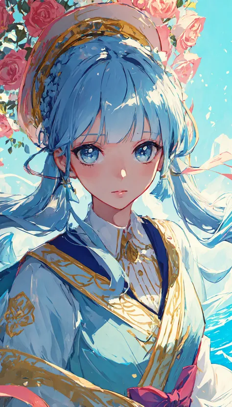 (masterpiece), (best quality), (ultra detailed),(disheveled hair),(illustration), (1girl), (Fashionable clothing), standing, Fashion model, looking at viewer, (interview), (simple background),beautiful detailed eyes, delicate beautiful face, Floating,(high saturation),(colorful splashes),colorful bubble,(shining), focus on face,  <lora:AyakaSkin_1:0.4>, kamisato ayaka, light blue hair, bangs, hair ring, floating flowers, floating hairs