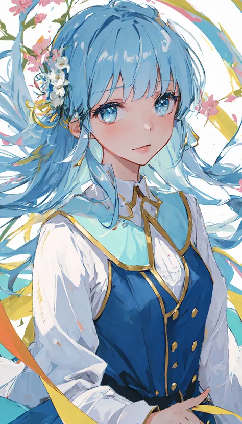 (masterpiece), (best quality), (ultra detailed),(disheveled hair),(illustration), (1girl), (Fashionable clothing), standing, Fashion model, looking at viewer, (interview), (simple background),beautiful detailed eyes, delicate beautiful face, Floating,(high saturation),(colorful splashes),colorful bubble,(shining), focus on face, <lora:AyakaSkin_1:0.4>, kamisato ayaka, light blue hair, bangs, hair ring, floating flowers, floating hairs