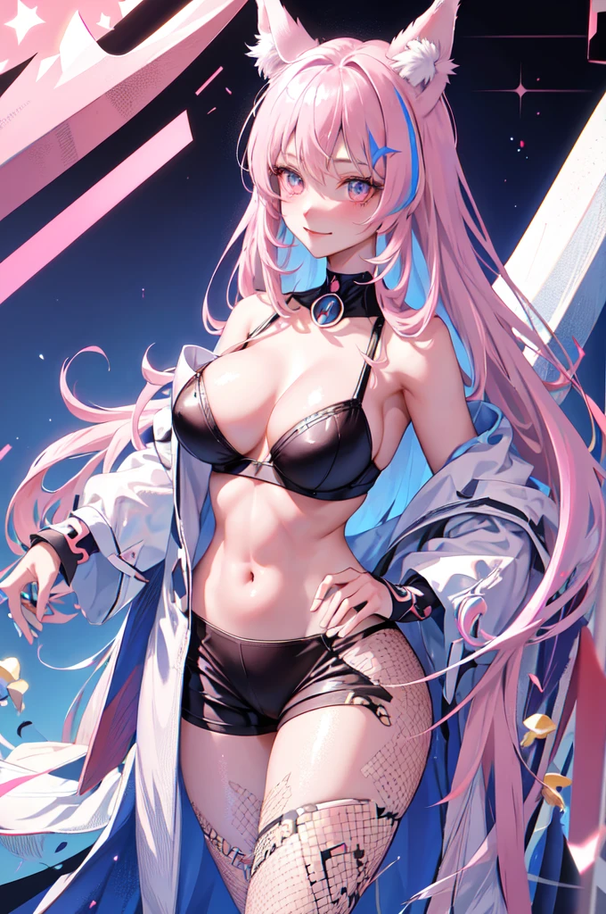 (masterpiece), (best quality), (ultra detailed), 8K CG, (Fashionable clothing), standing, Fashion model, (high saturation), (colorful splashes), ((1girl, solo, light smile, blush, beautiful detailed face, beautiful detailed eyes, looking at viewer)), (mature female, ((large breasts, slim body))), bare shoulders, bare hands, ((shiny skin, midriff)), ((streaked hair)), silver long hair, pink eyes, fox ears, focus on face