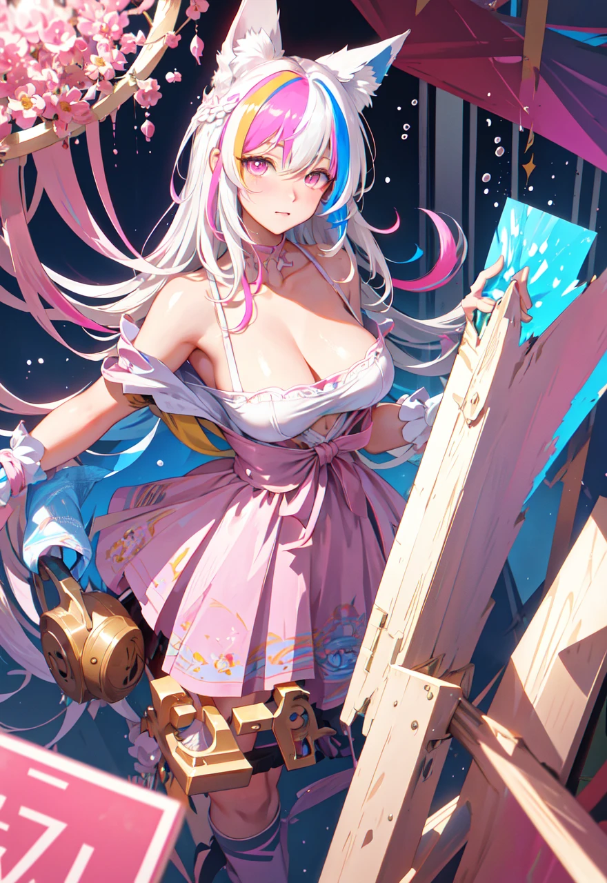 (masterpiece), (best quality), (ultra detailed),(disheveled hair),(illustration), (1girl), ((streaked hair)), silver long hair, pink eyes, fox ears, large breasts, (Fashionable clothing), standing,Fashion model,looking at viewer, (interview), (simple background), blush, beautifuldetailedeyes,delicate beautiful face,Floating,(high saturation),(colorful splashes),colorful bubble,(shining),focus on face,