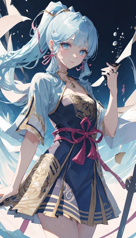 (masterpiece), (best quality), (ultra detailed),(disheveled hair),(illustration), (1girl), (Fashionable clothing), standing, Fashion model, looking at viewer, (interview), (simple background),beautiful detailed eyes, delicate beautiful face, Floating,(high saturation),(colorful splashes),colorful bubble,(shining), focus on face, ponytail, kamisato ayaka, light blue hair, bangs, hair ring, floating flowers, floating hairs, (shining), best lighting, best shadow, <lora:kamisatoAyakaGenshin_v10:0.5>