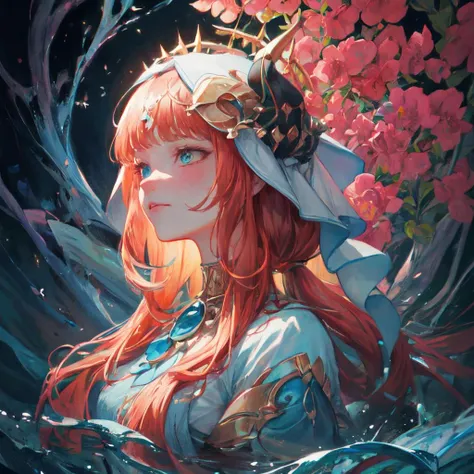 An ultra hd detailed painting of many different types of flowers by android jones,earnst haeckel,james jean. behance contest winner,generative art,baroque,intricate patterns,fractalism,movie still,photorealistic,Portrait of a beautiful woman surrounded by water,portrait of beautiful maiden,warhammer,white water,the middle ages,highly detailed,artstation,illustration,sylvari portrait,8k quality,art by partick woodroof,<lora:add_detail:0.7>, <lora:nilou1-000008:1>