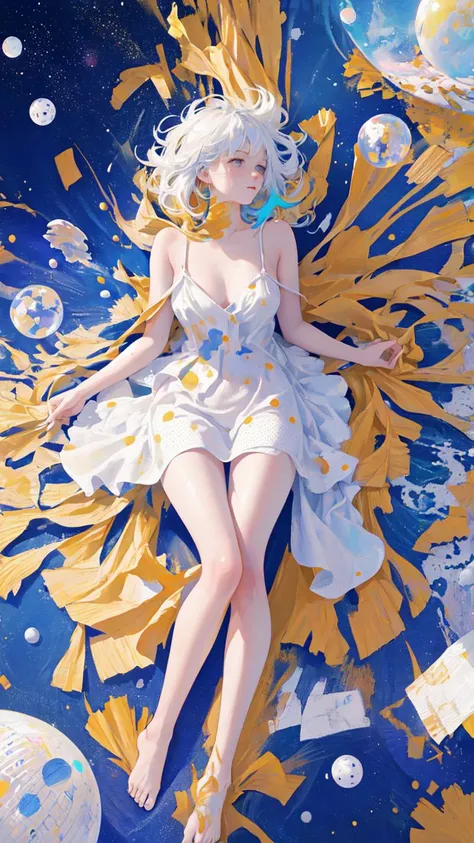 (masterpiece, best quality:1.2), (ultra detailed),(illustration), wallpaper, original,
1girl, messy white hair, spaghetti strap, white dress, bare legs, bare feet, bare arms, space, Earth background, near-earth orbit, full body,
High saturation,(surrounded by colorful splashes and dot),colorful bubble,(shining)