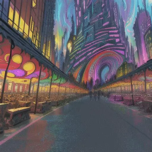 expressionist A distorted cityscape with buildings twisted into grotesque forms, as if the very fabric of reality was unraveling in a swirl of turbulent colors and chaotic brushstrokes. . raw, emotional, dynamic, distortion for emotional effect, vibrant, use of unusual colors, detailed