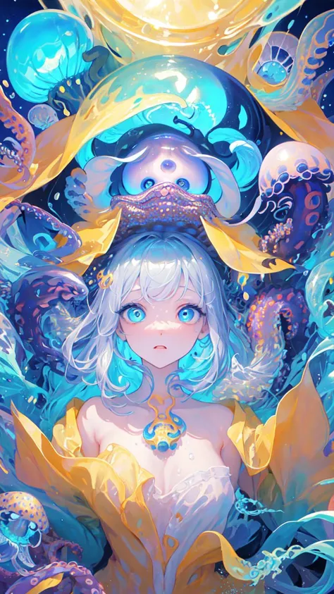 (masterpiece, best quality:1.2), (ultra detailed),(illustration), wallpaper, original,
(1girl),ldelicate beautiful face and eyes,focus on face,
Deep sea background,jellyfish,masterpiece,fluttered detailed splashs, beautiful detailed water,cosmic eyes,Shock sensation,(realistic :0.5),octopus,original 2
High saturation,(surrounded by colorful splashes and dot),colorful bubble,(shining)
