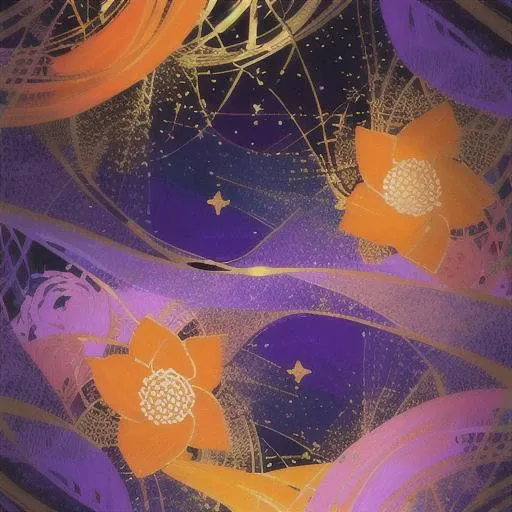 an abstract painting of a Flower with gold stars, in the style of color gradients, dark violet and light orange, dreamy portraits, colorful curves, ethereal creatures, ornate tessellation, chaotic