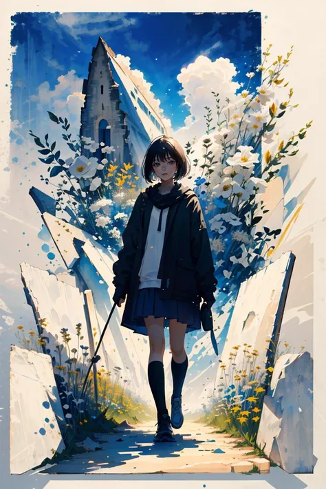 (masterpiece:1.2), best quality, 8k, absurdres, high resolution, highly detailed, 1GIRL, STANDING IN A FLOWER FIELD <lora:ink-0.1-3-b28-bf16-D128-A1-1-ep64-768-DAdaptation-cosine:0.3> WHITE BACKGROUND, SCENERY, FLOWER FIELD, blue sky, <lora:20231015-1697372436339:0.5> xm <lora:LAS:0.5> CLOUD,COLORFUL <lora:HBD4:0.25> heibaidiao, silhouette, light and shadow, <lora:watercolor:0.5> miaobishenghua <lora:Painted_poster_V1-000035_1_pp:0.5> Painted poster, 1girl<lora:EF-GoodHands-beta2:0.5><lora:EF-GoodHands-beta2:0.5><lora:EF-GoodHands-beta2:0.5>