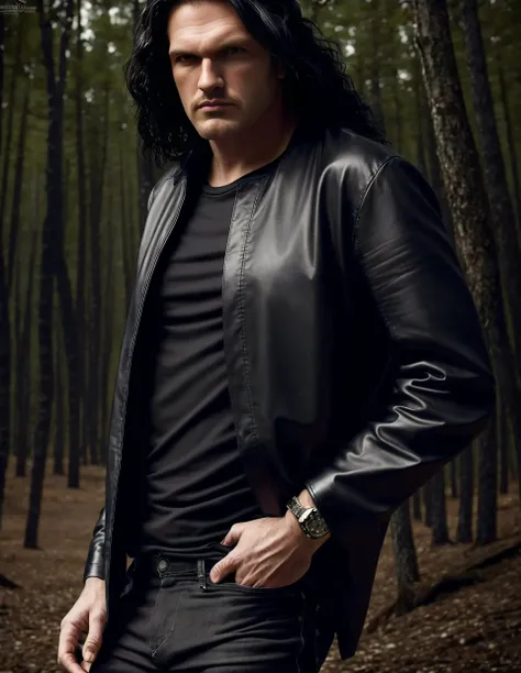 Best quality, masterpiece, ultra high res, full body,(detailed face:1.4), (photorealistic:1.3), portrait of a award winning photo of [tall_man:peter_steele:0.25], in a dark fir forest, ((extreme detail)), (ultra-detailed), looking down, looking at viewer menacing, extremely detailed CG unreal 8k wallpaper, medium chain-link necklace, wearing black leather open jacket, black t-shirt and black torn jeans, long salty hair, hand on hip, from below, cowboy shot, dark cloudy sky, strong wind, dark night, woods in the dark, deep shadow, low key, two tone lighting, sharp focus, octane, unreal, <lora:peterSteele_v10:0.7>, <lora:epiNoiseoffset_v2:1.0>
