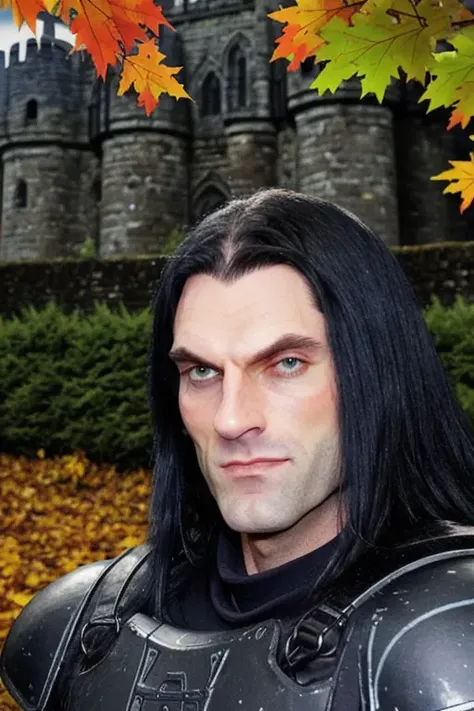 a tall muscular man, 28 years old, 30 years old, in raven black knights armor, perfect face, clear eyes, facing camera, long black hair, autumn night, fall, dry leaves, ancient castle in the background, midnight in feudal england, darkness, (people in the background), candid, amateur, raw, 8K, uhd, masterpiece, close up, smiling, <lora:peterSteele:1>