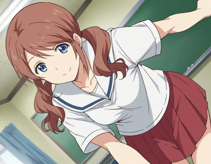 score_9, score_8_up, score_7_up, source_anime,
momokashiwabara, <lora:momo-kashiwabara-s1-ponyxl-lora-nochekaiser:1>,
momo kashiwabara, long hair, blue eyes, brown hair, twintails, low twintails,
shirt, school uniform, white shirt, short sleeves, serafuku, sailor collar, skirt, red skirt,
indoors, classroom, bent over, smile,
looking at viewer, cowboy shot, dutch angle, solo,