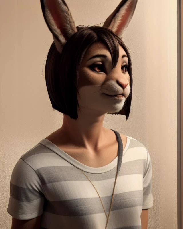 <lora:CouWagner_v21:0.7>, 1girl, striped shirt, short hair, rabbit, portrait, realistic,