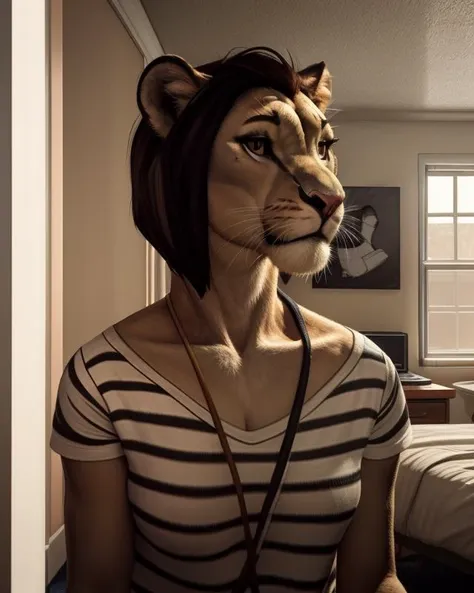 <lora:CouWagner_v21:0.7>, 1girl, striped shirt, short hair, lioness, portrait, realistic, dorm inside