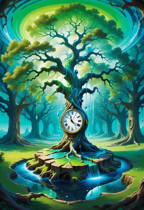 Depict a landscape where the laws of physics are visually distorted. Include a melting clock wrapped around an ancient oak tree, with a sky painted in swirling patterns of neon green and electric blue. The ground should be a tapestry of flowing water and crystal formations, bending and twisting in impossible angles