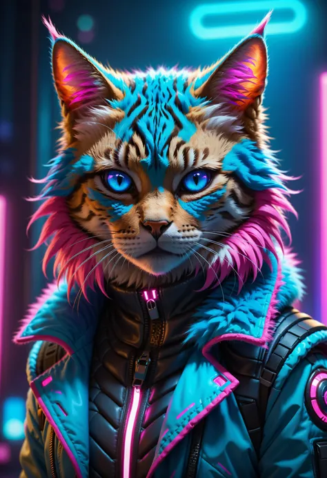 UHD, 4k, ultra detailed, cinematic, a photograph of UHD, 4k, ultra detailed, cinematic, a photograph of detailed fur, stylized, anthropomorphic creature with the head of a male cat rendered in vibrant and neon colors. cyberpunk wear, The cat's fur is a striking blend of bright blue and hot pink, with tufts and strands highlighted in a way that gives a sense of depth and texture. Its eyes are a vivid pink, which stands out against the blue fur and complements the pink tones.
, epic, beautiful lighting, inpsiring, epic, beautiful lighting, inpsiring