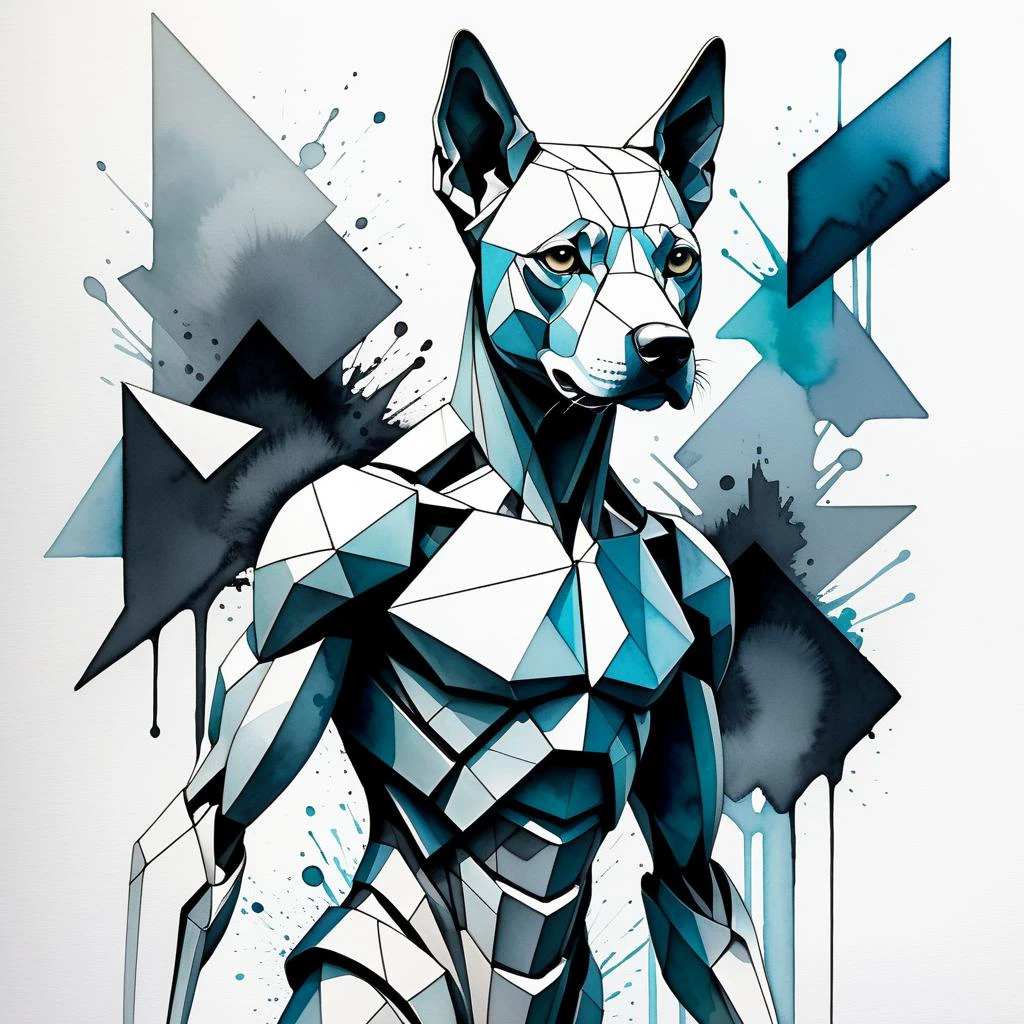 Create an image of a humanoid figure with dog-like features, using bold watercolor techniques and a dynamic, fragmented composition. The proportions should be unexpected and surreal, with a blend of bad geometric and unorganic forms. Emphasize a sense of motion with splashes of ink and a selective use of a __color__ and monochrome palette