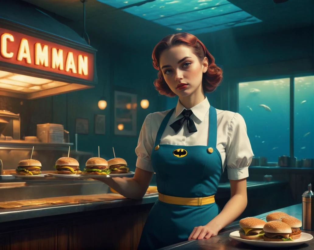 a beautiful waitress ready to serve cheeseburgers to batman, by edward hopper and james gilleard zdzislaw beksinski. highly detailed intricate 8 k render with deep shadows inspired art nouveau 3 d anime style volumetric lighting surreal atmosphere dramatic scene of a underwater nature landscape full body portrait painting trending on cgsociety octane unreal engine 4 0 mm film grain hyper realism matte background realistic