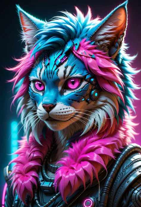 UHD, 4k, ultra detailed, cinematic, a photograph of detailed fur, stylized, anthropomorphic creature with the head of a male cat rendered in vibrant and neon colors. cyberpunk wear, The cat's fur is a striking blend of bright blue and hot pink, with tufts and strands highlighted in a way that gives a sense of depth and texture. Its eyes are a vivid pink, which stands out against the blue fur and complements the pink tones.
, epic, beautiful lighting, inpsiring