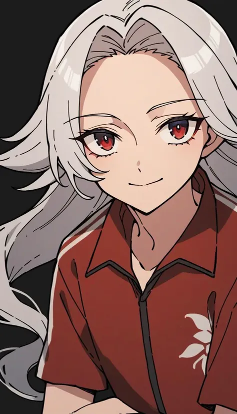 score_9, score_8_up, score_7_up, score_6_up, score_5_up, score_4_up, source_anime, simple background, 1boy, tanizaki yoshiya, white hair, long hair, multicolored eyes, blue eyes, red eyes, sitting, red shirt, blue shorts, crossed arms, floral print, looking at viewer, smile, <lora:Tanizaki_Yoshiya:0.7>,