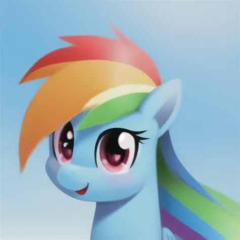 :d, blue_background, blue_sky, full_body, gradient, gradient_background, happy, multicolored_hair, open_mouth, pokemon_\(creature\), red_eyes, simple_background, sky, smile, solo, (rainbow dash), A pony who is looking up at the sky, cute, adorable, female, rendered, 8k quality, best resolution, masterpiece, wonderful render, round legs, adorable hooves, long hair, straight hair, distinct colors