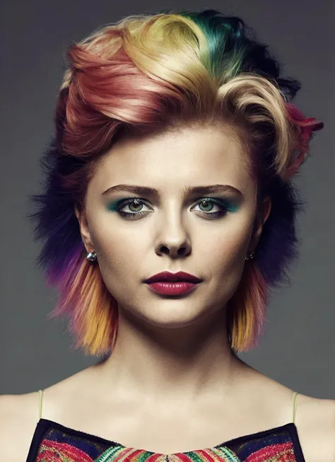 portrait of sks woman by Flora Borsi, style by Flora Borsi, bold, bright colours, rainbow Mohawk haircut, ((Flora Borsi)), <lora:locon_chloe_v1_from_v1_64_32:1.25>