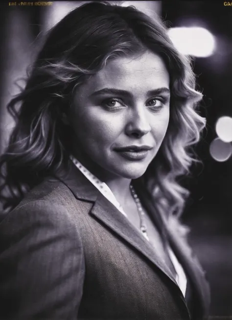 candid RAW close up portrait photo of sks woman in a (purple colored suit:1.0) on a dark street with shopping windows (at night:1.2), bokeh, Ilford Delta 3200 film, dof, high definition, detailed, intricate, flashlight, <lora:locon_chloe_v1_from_v1_64_32:1.25>