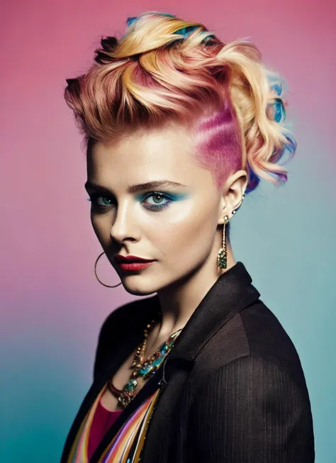 analog style, modelshoot style, portrait of sks woman by Flora Borsi, style by Flora Borsi, bold, bright colours, rainbow Mohawk haircut, ((Flora Borsi)), <lora:locon_chloe_v1_from_v1_64_32:1.25>