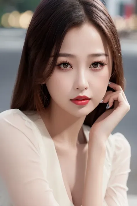 yushuxing,1girl,3d,asian,border,brown_eyes,brown_hair,closed_mouth,dress,fine_art_parody,holding,jewelry,lips,long_hair,looking_at_viewer,photo_\(medium\),photorealistic,realistic,red_lips,solo,upper_body,white_dress,wide_sleeves(8k, best quality, masterpiece, ultra highres:1.2),glistening sweaty skin,dynamic pose,masterpiece,best quality,official art,extremely detailed CG unity 8k wallpaper,ultra high res,professional photography,sharp focus,HDR,8K resolution,intricate detail,sophisticated detail,depth of field,analogue RAW DSLR,photorealistic,<lora:100 idols of 6 yushuxing:0.8>,