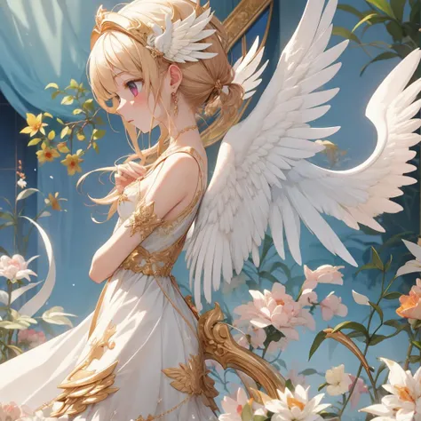 insanely detailed,transcendence absurdres,perfect shading,depth neumorphism textured,seraphic,angel wings,from side dynamic angle,