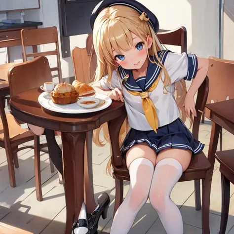 masterpiece,best quality,ultra detailed,perfect shading,shiny skin,school student girl,sailor fuku,pork pie hat,thigh high socks,mary janes,tea party,sit on chair,